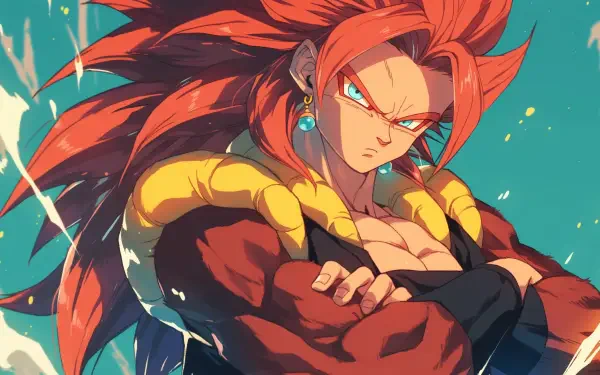 Vibrant HD wallpaper featuring Gogeta in Super Saiyan 4 form from Dragon Ball GT, showcasing his intense expression and distinctive hairstyle against a dynamic background.