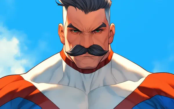 Omni-Man from the TV show Invincible displays a fierce expression, showcasing his muscular physique against a blue sky, featured as an HD desktop wallpaper and background.