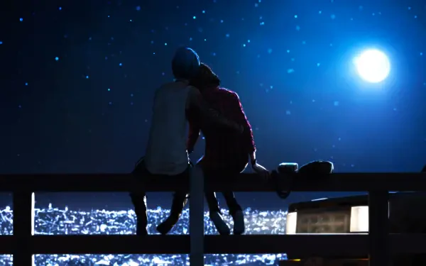 A serene night scene from the video game Life Is Strange, featuring two characters sitting on a railing, overlooking a shimmering ocean under a starry sky, rendered in 4K Ultra HD.