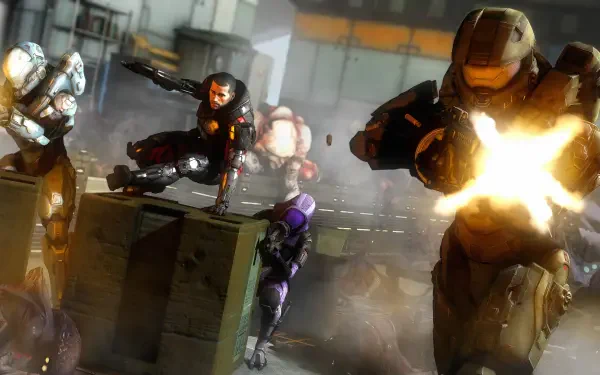 A dynamic 4K Ultra HD wallpaper featuring characters from video games Mass Effect and Halo, showcasing Commander Shepard engaging alongside Master Chief in an action-packed scene.