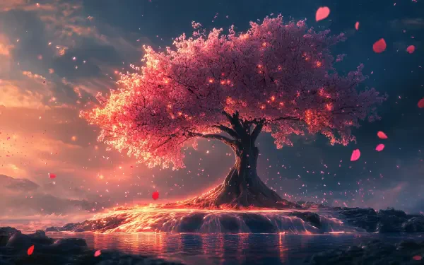 A serene landscape featuring a vibrant cherry blossom tree surrounded by calm waters, with soft fall leaves drifting in the air against a colorful sky.