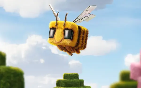 HD PC desktop wallpaper featuring a detailed Minecraft bee from the Minecraft Movie, set against a bright, blocky sky and landscape from the video game.