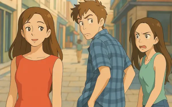 A vibrant Studio Ghibli-inspired scene featuring three animated characters on a quaint street, capturing a playful moment, perfect for a HD PC desktop wallpaper or background.
