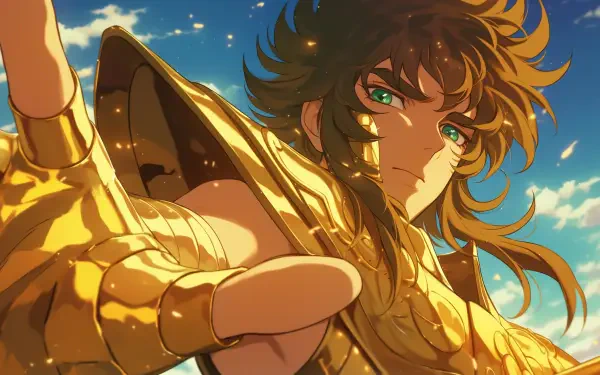 A vibrant HD wallpaper featuring Pegasus Seiya from the anime Saint Seiya, showcasing the character's striking green eyes and golden armor against a bright sky backdrop.