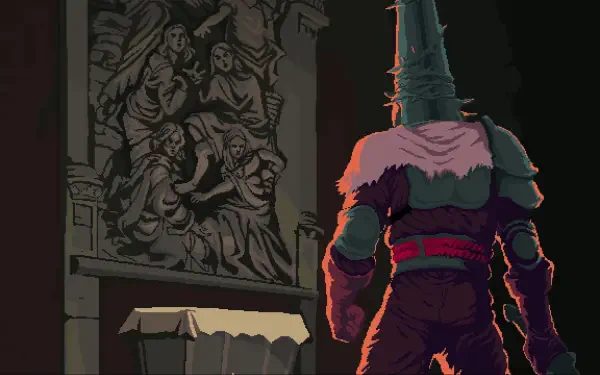 A character from the video game Blasphemous stands before a detailed mural, evoking a dark atmosphere in this HD PC desktop wallpaper and background.