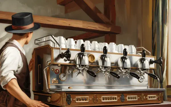 A vintage coffee machine with multiple steam wands and gleaming chrome details, set against a rustic backdrop, creates an inviting atmosphere in this 4K Ultra HD desktop wallpaper.