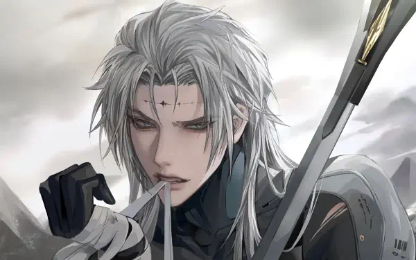 A striking 4K Ultra HD wallpaper featuring Calcharo from the video game Wuthering Waves, showcasing a character with silver hair and intense expression against a dramatic landscape.