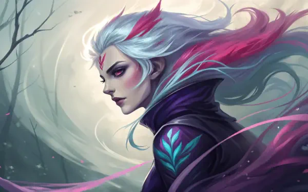 A captivating 4K Ultra HD wallpaper featuring Evelynn from League of Legends, showcasing her striking visage and flowing hair against a mystical background.