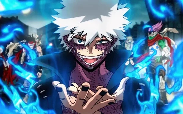 4K Ultra HD My Hero Academia wallpaper featuring Dabi with intense blue flames and other characters in the background, highlighting the dark and vibrant anime style.
