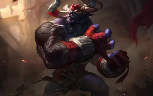 An 8K Ultra HD wallpaper featuring Alistar from League of Legends, showcasing his powerful physique and imposing presence in a dramatic, action-packed setting.