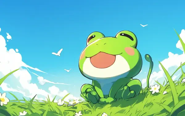 A cheerful green anime frog sits in a field of grass and daisies under a bright blue sky, embodying a kawaii aesthetic, perfect as an HD desktop wallpaper.