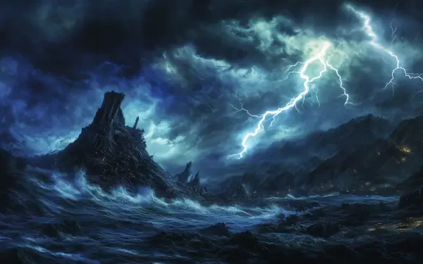 A dramatic thunderstorm illuminates the dark, turbulent sky with flashes of lightning, casting a moody atmosphere over a rocky shoreline and churning waves. HD desktop wallpaper.