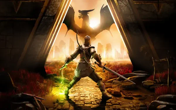 A warrior stands ready with swords drawn in the Dragonwilds, illuminated by a dramatic sunset and shadowed by a looming dragon, capturing the essence of RuneScape in vibrant detail.