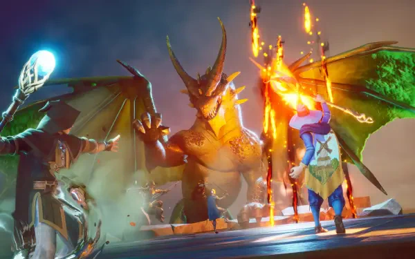 A vibrant scene from RuneScape: Dragonwilds, showcasing a fierce dragon facing off against a duo of mages, captured in stunning 4K Ultra HD resolution. Perfectly designed for a desktop background.