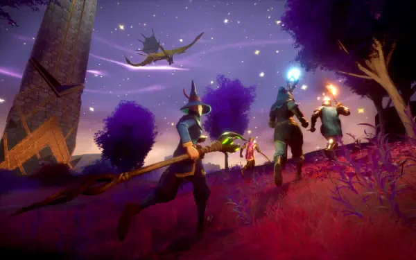 A stunning 4K Ultra HD wallpaper from RuneScape: Dragonwilds, featuring a magical landscape with characters exploring under a starry sky and a dragon soaring above.