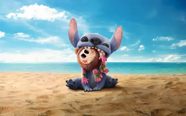 Stitch from Lilo & Stitch (2025) playfully holds a stuffed toy while sitting on a sandy beach, with a bright blue sky and ocean in the background. An 8K Ultra HD desktop wallpaper.