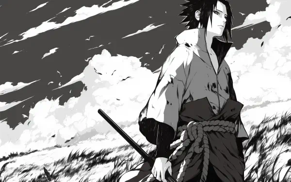Black and white anime wallpaper featuring Sasuke Uchiha from Naruto, portraying a dramatic, moody atmosphere with a striking landscape backdrop.
