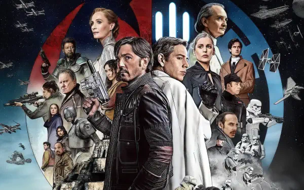 4K Ultra HD PC desktop wallpaper featuring the main cast of Andor with starships and iconic Rebel and Imperial symbols in the background.