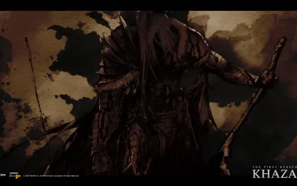 A dramatic 4K Ultra HD wallpaper from the video game The First Berserker: Khazan, featuring a cloaked warrior amidst a moody background of dark clouds and muted tones.