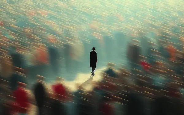 A lone figure stands out amid a blurred crowd, embodying the concept of following the crowd. This 4K Ultra HD desktop wallpaper captures a thought-provoking scene.