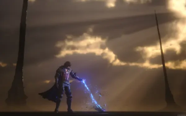 Clive Rosfield from Final Fantasy XVI stands dramatically, wielding a lightning-infused weapon against a stunning background, in this vibrant 4K Ultra HD desktop wallpaper.