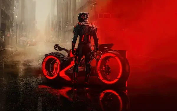 Tron: Ares 4K Ultra HD PC desktop wallpaper — armored rider beside a glowing red lightcycle in a neon city, red smoke and wet reflective street.