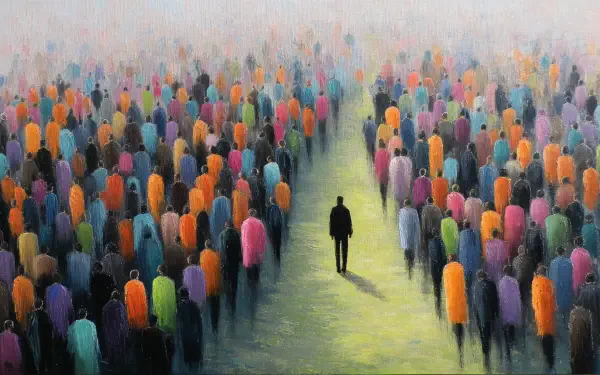 An artistic 4K Ultra HD wallpaper depicting a figure standing apart from a colorful crowd, symbolizing individuality amidst conformity. The crowd fills the scene, following a shared path.