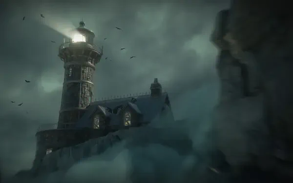 A moody lighthouse stands against a stormy sky, capturing the eerie atmosphere of the video game Stygian: Outer Gods. This HD wallpaper serves as a striking desktop background.