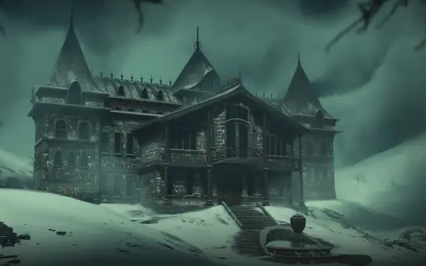 A haunting HD wallpaper from Stygian: Outer Gods, featuring an eerie stone mansion surrounded by a snowy landscape and ominous skies, capturing the game's dark atmosphere.