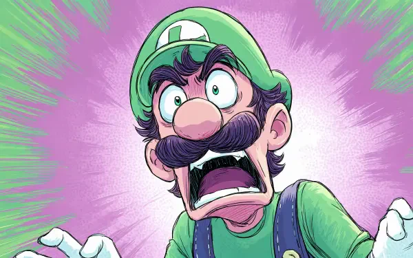 A vibrant 4K Ultra HD wallpaper featuring Luigi, depicted with an expressive face, wide eyes, and an open mouth, set against a dynamic purple background.