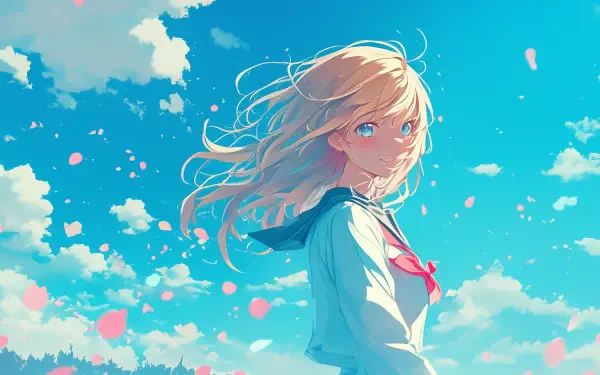 A vibrant HD wallpaper featuring Kaori Miyazono from Your Lie in April, set against a bright blue sky and soft clouds, with petals gently falling around her.
