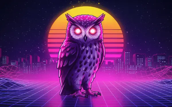 A vibrant, neon-themed owl stands against a retro sunset backdrop, surrounded by a digital cityscape, showcasing a striking 4K Ultra HD design for desktop wallpapers.