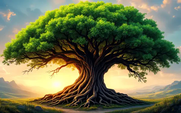 A majestic Yggdrasil tree stands prominently against a vibrant sunset, showcasing lush green foliage and intricate roots, designed as a stunning 4K Ultra HD desktop wallpaper.