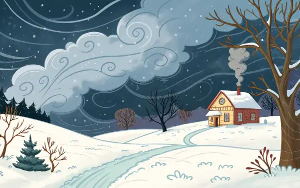 A cozy house surrounded by snow-covered hills, with swirling clouds and gentle snowfall. This vibrant scene captures the essence of a blizzard, perfect as a 4K Ultra HD PC desktop wallpaper.