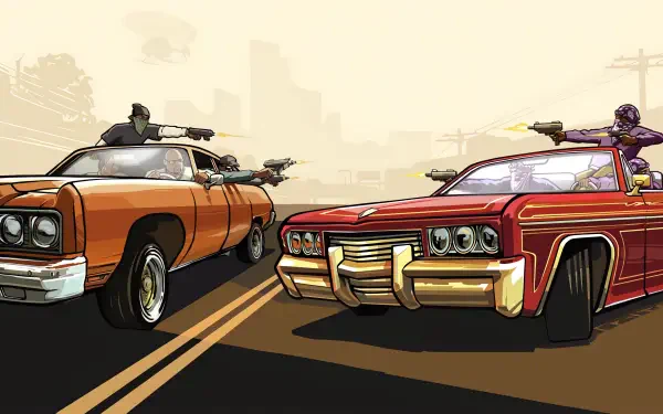 Dynamic 4K Ultra HD wallpaper featuring scenes from Grand Theft Auto: San Andreas, showcasing gangsters in classic cars with guns drawn on a city street.