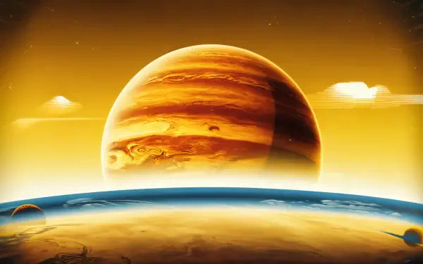 A stunning 4K Ultra HD desktop wallpaper featuring Jupiter against a warm golden backdrop, with billowy clouds and a distant planetary horizon.