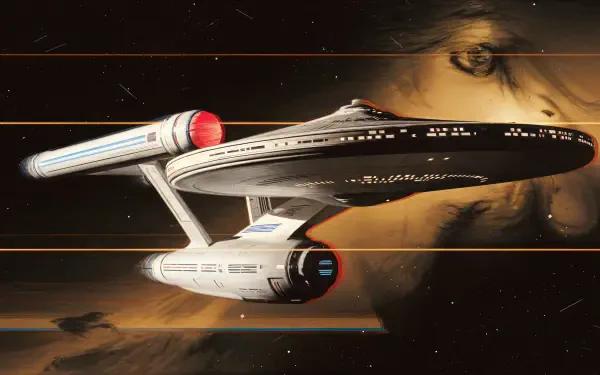 4K Ultra HD wallpaper featuring the USS Enterprise soaring through space, set against a dramatic cosmic background. A striking visual for fans of science fiction.