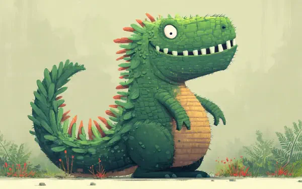 A vibrant, cartoon-style dinosaur stands proudly against a soft, natural backdrop, making an eye-catching 4K Ultra HD wallpaper for your desktop.