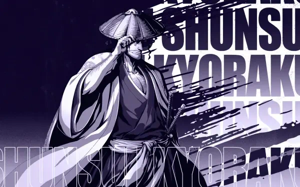4K Ultra HD PC wallpaper featuring Shunsui Kyōraku from Bleach, depicted in a dynamic, stylized black and white design with bold text elements.