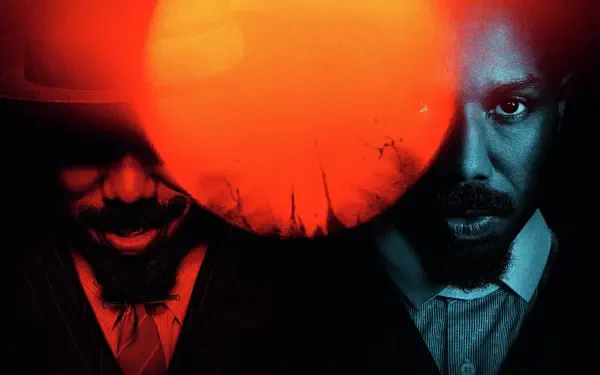 4K Ultra HD PC wallpaper featuring two intense men partially obscured by a vivid red-orange orb, capturing a dark and dramatic Sinners theme.