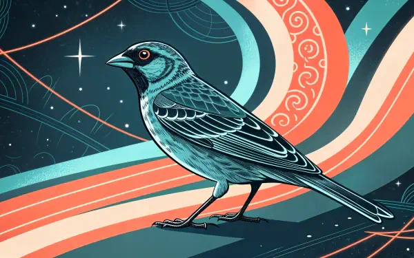 A vibrant finch with intricate details stands against a colorful, abstract background, showcasing artistic swirls and star-like elements. This 4K Ultra HD wallpaper enhances any desktop.