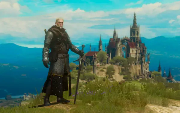 Geralt of Rivia stands poised with a sword in a vibrant landscape, showcasing the enchanting scenery of The Witcher 3: Wild Hunt - Blood and Wine in this HD PC wallpaper.