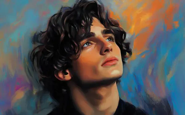 An artistic HD wallpaper featuring Timothée Chalamet, capturing a contemplative moment against a vibrant, colorful background.
