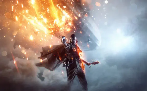 A dramatic 4K Ultra HD wallpaper featuring a Battlefield character amidst explosions and smoke, capturing the intense atmosphere of war in a striking visual display.