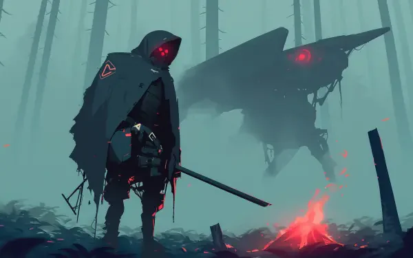 A mysterious cyberpunk villain stands in a foggy forest, wielding a weapon and illuminated by blue and red accents, with a robotic creature looming behind, creating a dark atmosphere.