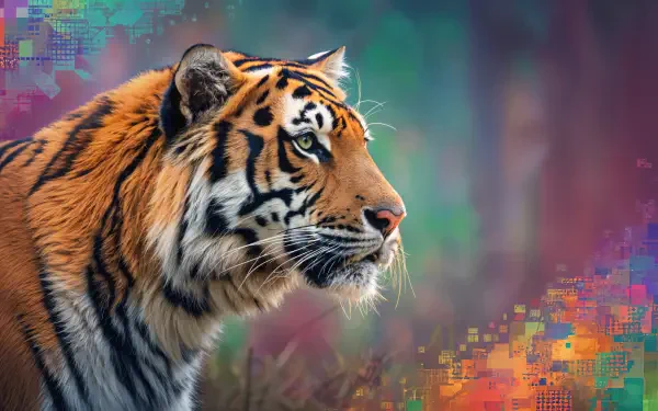 A majestic Bengal tiger in profile, showcasing its striking orange and black stripes against a vibrant, colorful background. This image serves as a stunning 4K Ultra HD desktop wallpaper.