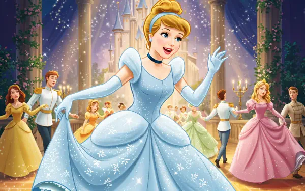 Cinderella dances gracefully in her beautiful blue gown, surrounded by a magical ballroom scene, perfect for a 4K Ultra HD PC desktop wallpaper and background.