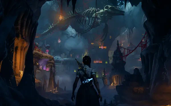 A mysterious landscape from the video game South of Midnight, featuring a character in a dark cave, illuminated by colorful lanterns and a massive skeleton overhead. 4K Ultra HD quality.