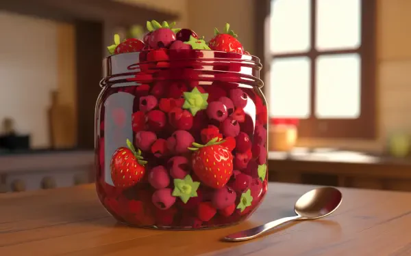 A vibrant jar filled with mixed berries and strawberries, resting on a kitchen table, captured in rich detail as a 4K Ultra HD desktop wallpaper and background.