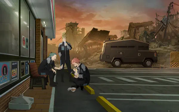 Anime Kaiju No. 8 4K Ultra HD PC desktop wallpaper and background: three characters eat outside a convenience store in a ruined city at sunset, a van parked nearby.